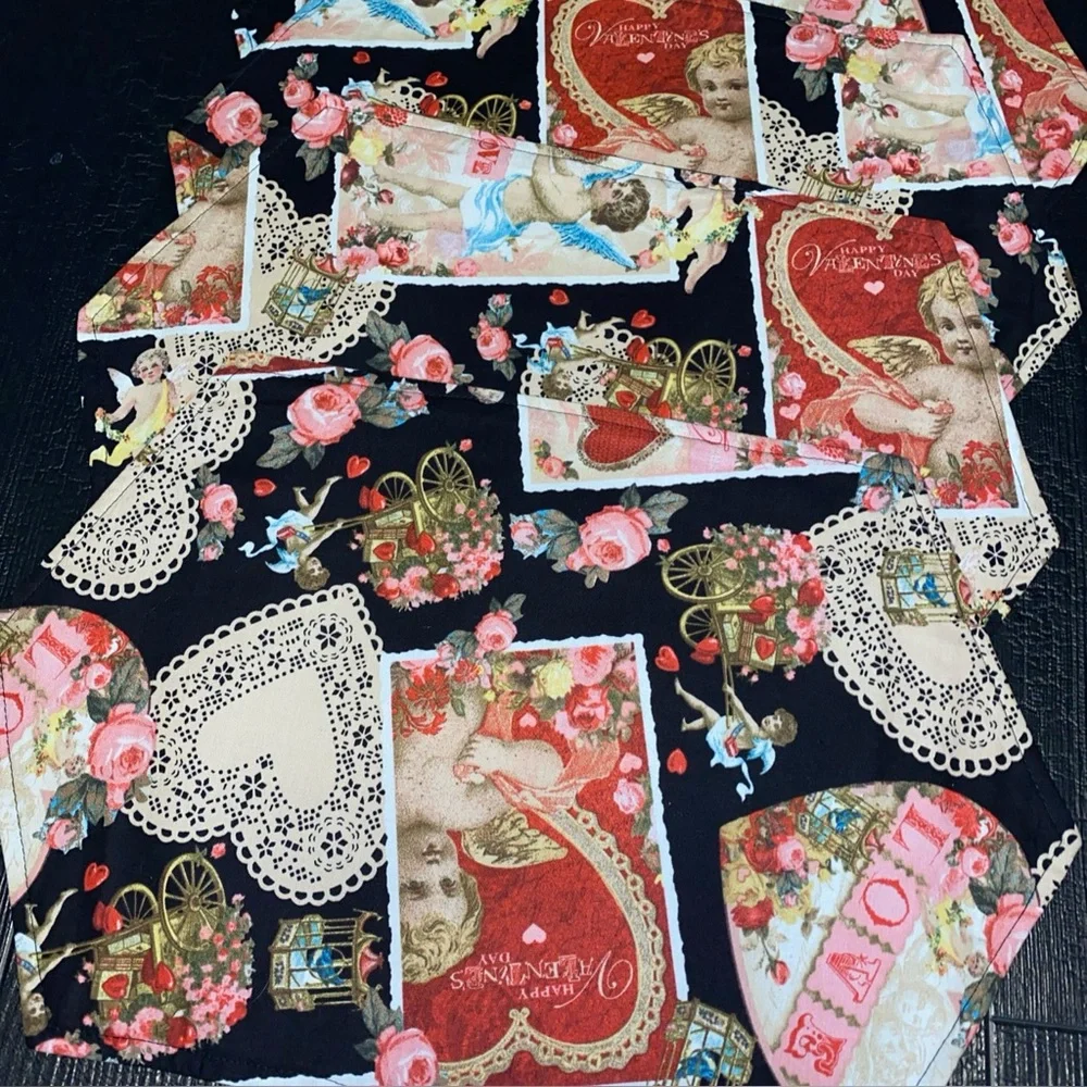 Vintage Print‎ Fabric Love Hearts Valentines Day Placemat Set Of 4 Cloth